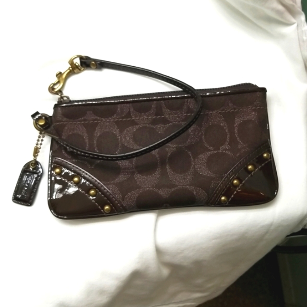 Coach Wristlet Brown Signature C and Patent leather Studded Small bag